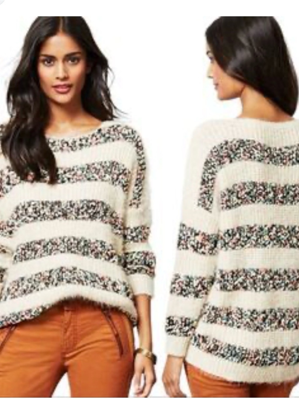 Women's Cream Fuzzy Stripe Scoop-Neck Sweater
